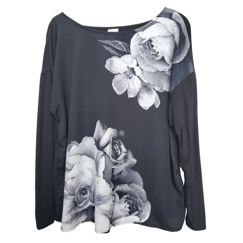 Chico's Black Floral Mixed Media Boat Neck Long Sleeve Top Size 2 Large